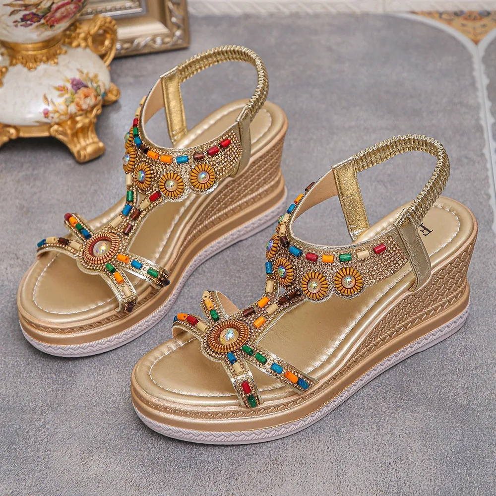 Beaded Open Toe Wedge Sandals, image 6
