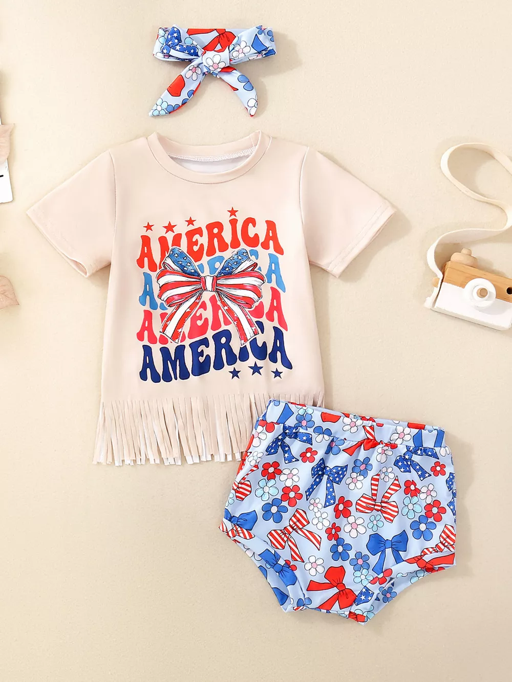 Children's Cow Floral Graphic Fringe Tee and Shorts Set with Headband, image 5