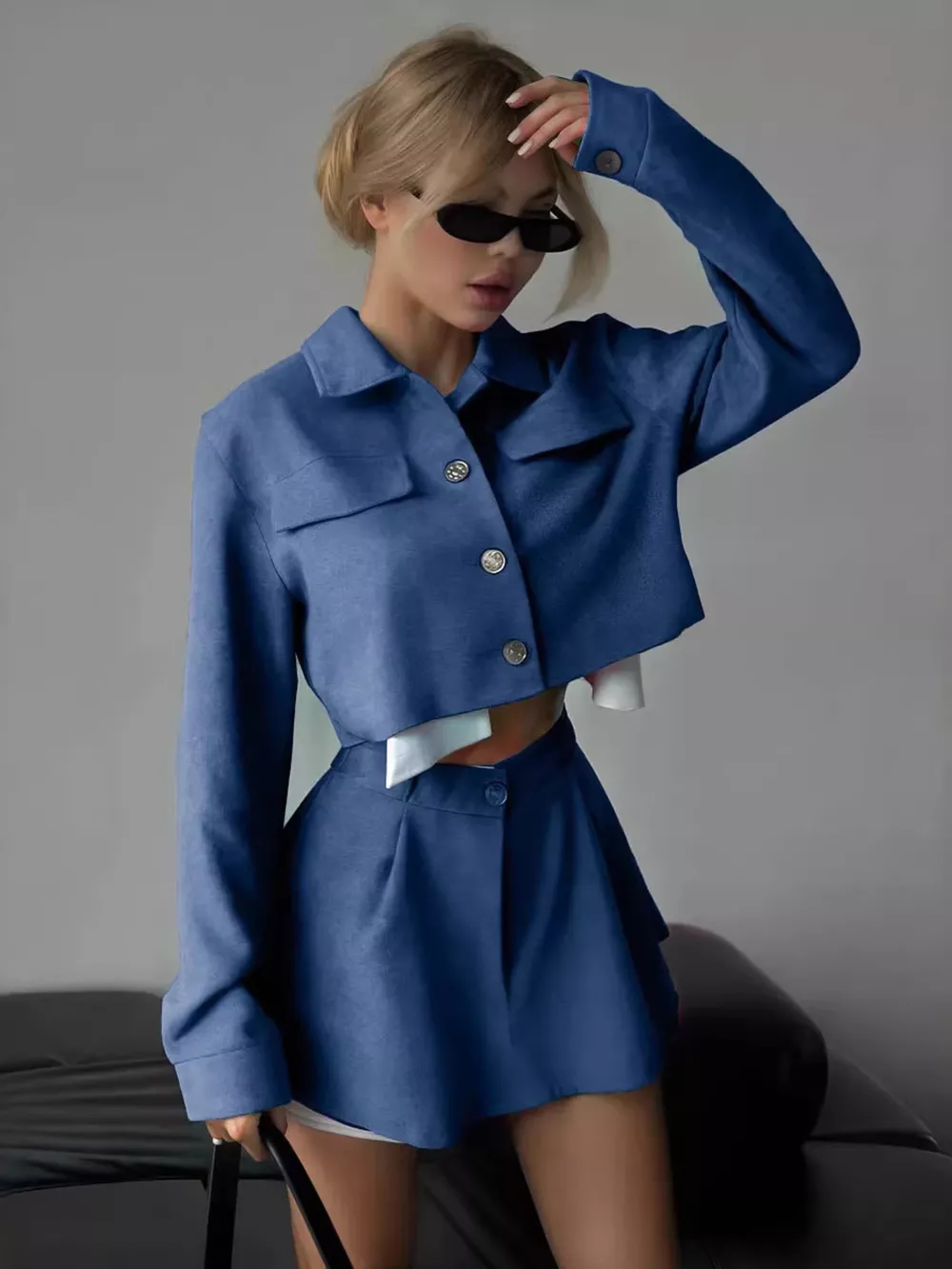 Button Up Cropped Jacket and Mini Skirt Set, image 5