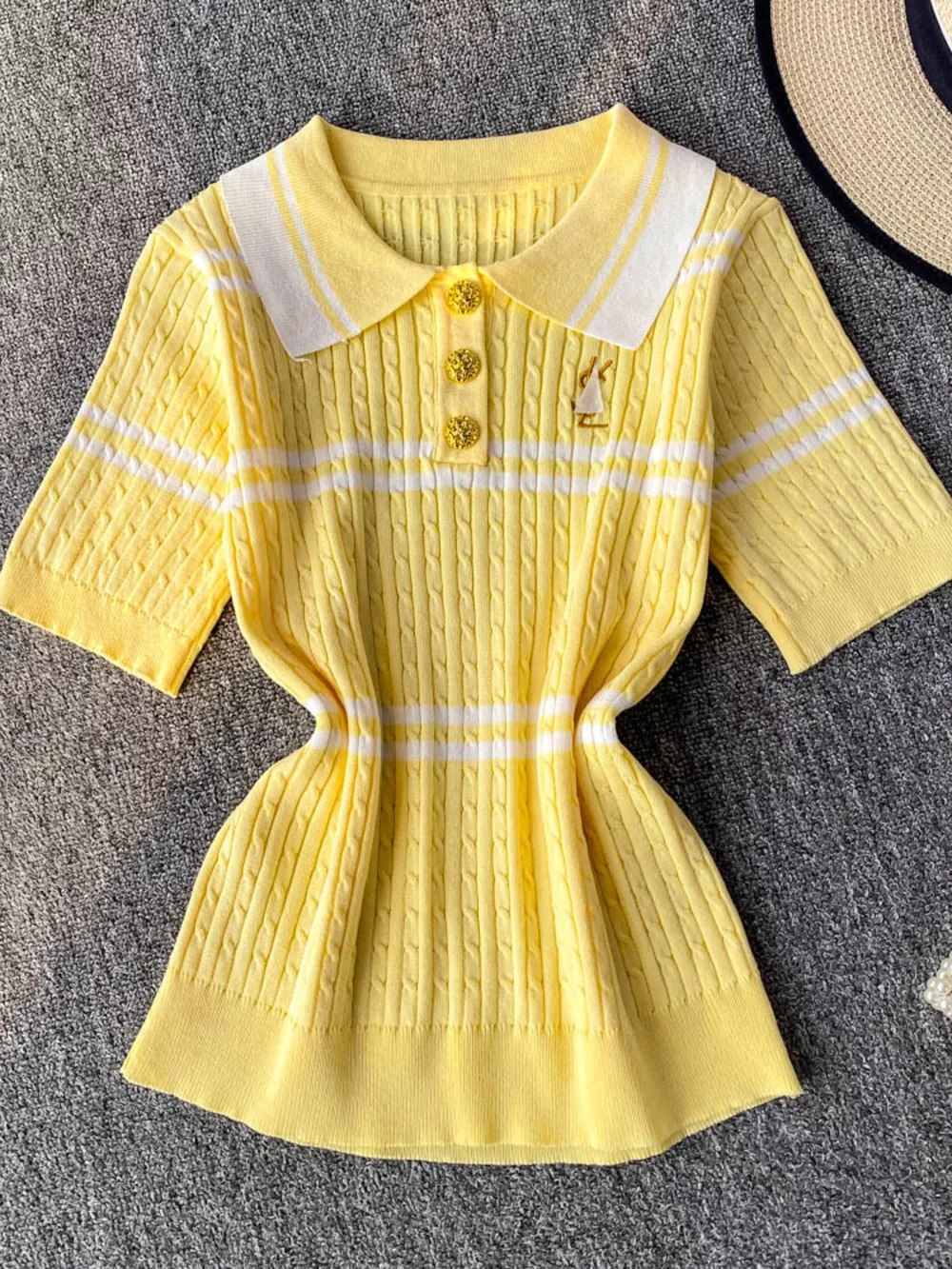 Striped Knit Polo Collar Top, image 3
