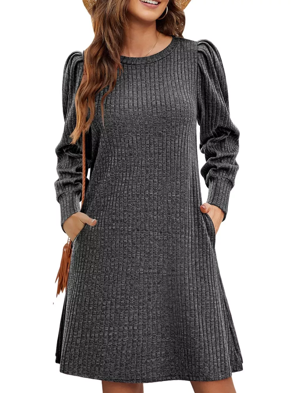 Ribbed Knit Puff Sleeve Casual Mini Dress, image 25