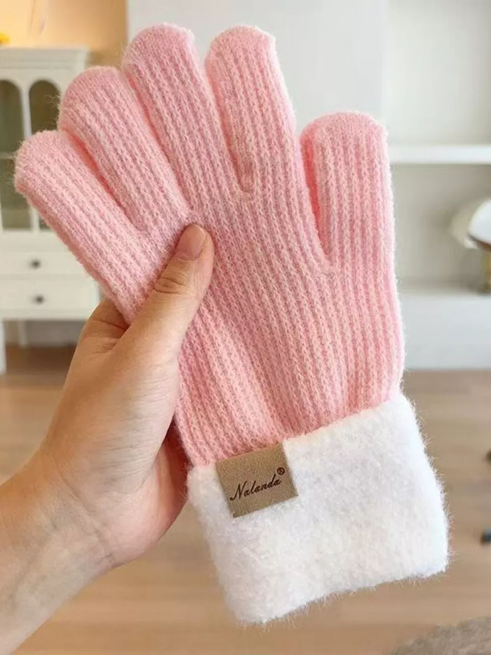 Knitted Warm Gloves with Plush Cuff, image 4