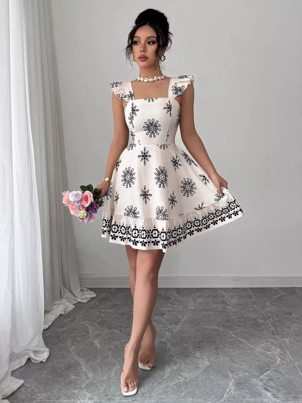 Printed Bow Back Square Neck Mini Dress, image 6