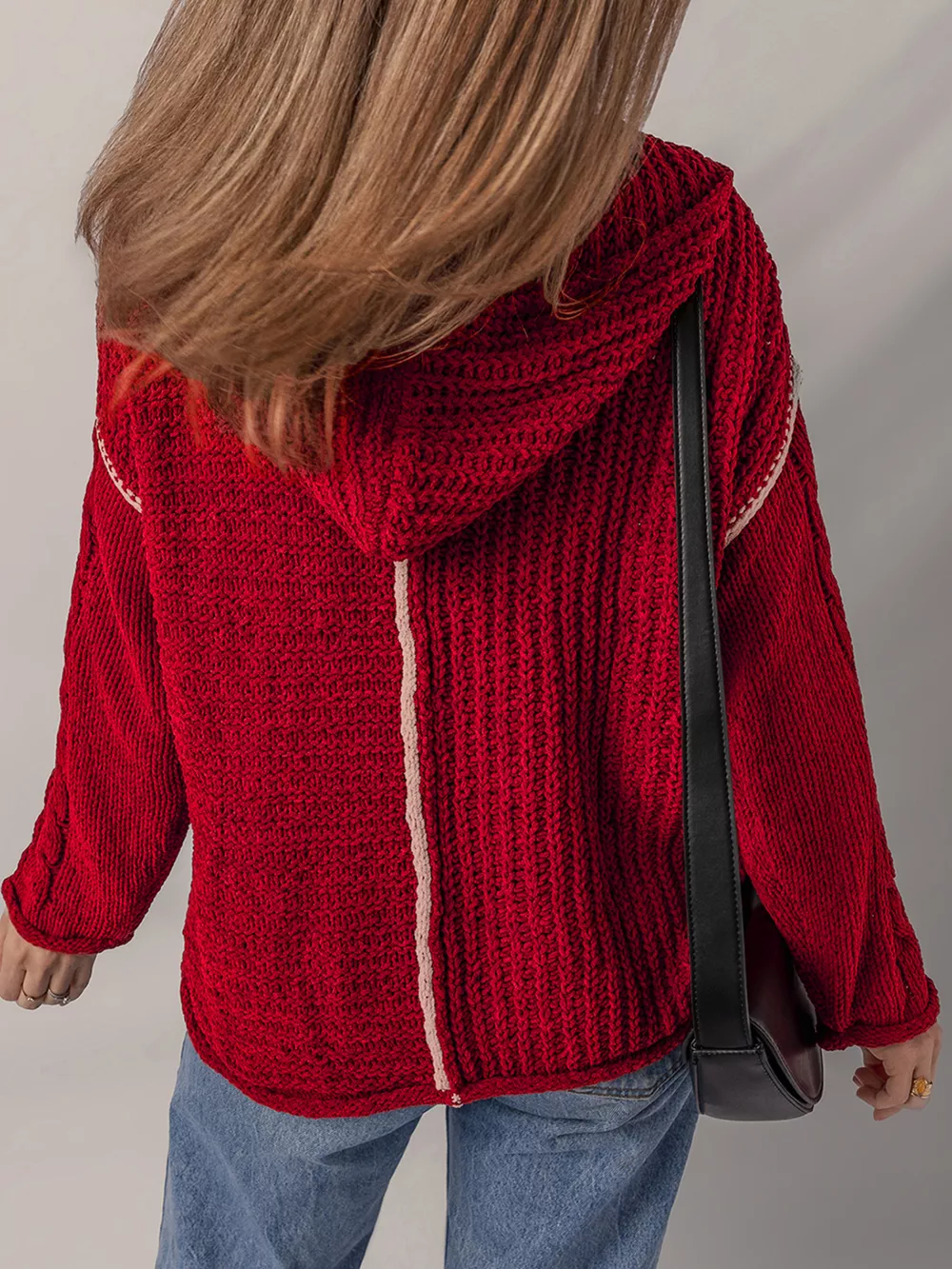 Contrast Trim Textured Knit Drawstring Hooded Sweater, image 11