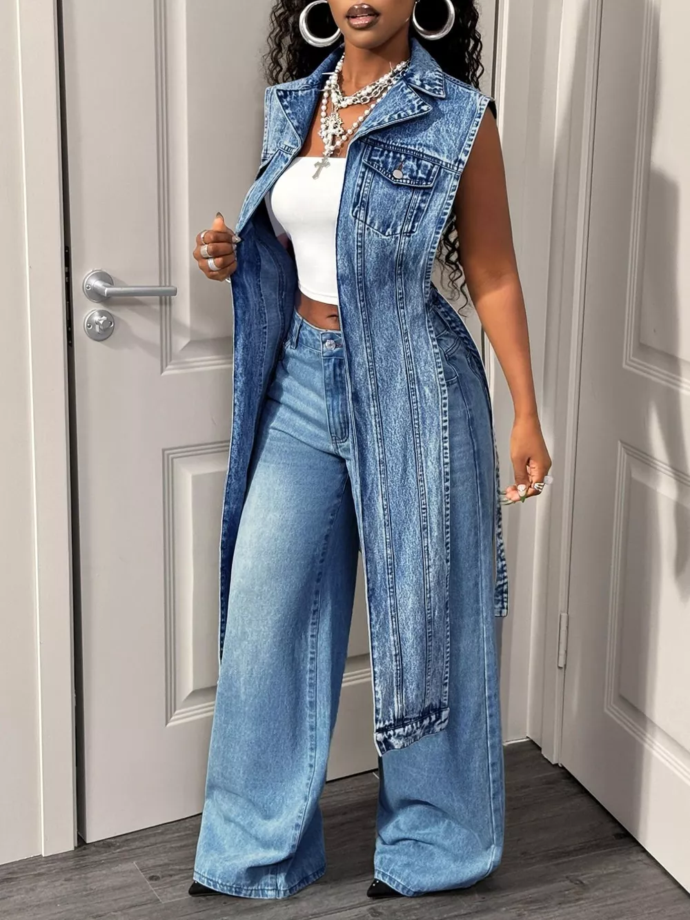 High-Low Open Front Denim Vest, image 8
