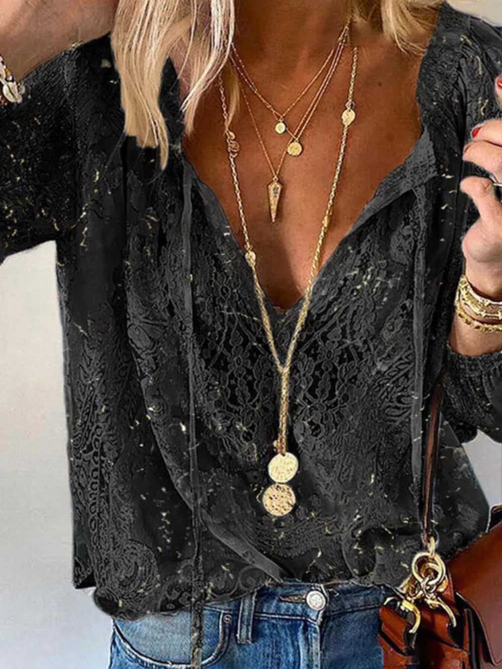 Lace Tie Neck Long Sleeve Blouse, image 4