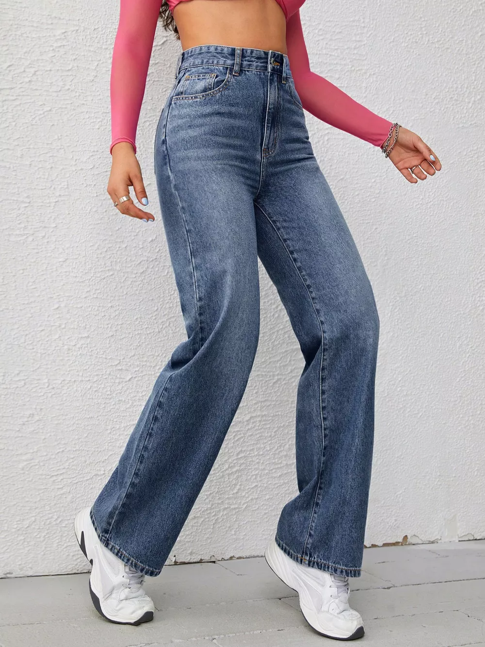 High-Waisted Wide-Leg Washed Jeans, image 2