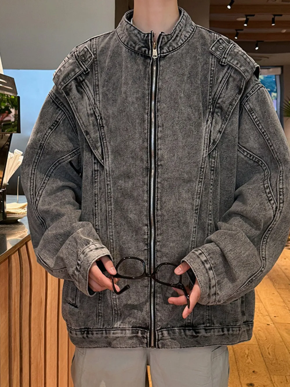 Men's Plus Size Zip Up Long Sleeve Denim Jacket, image 3