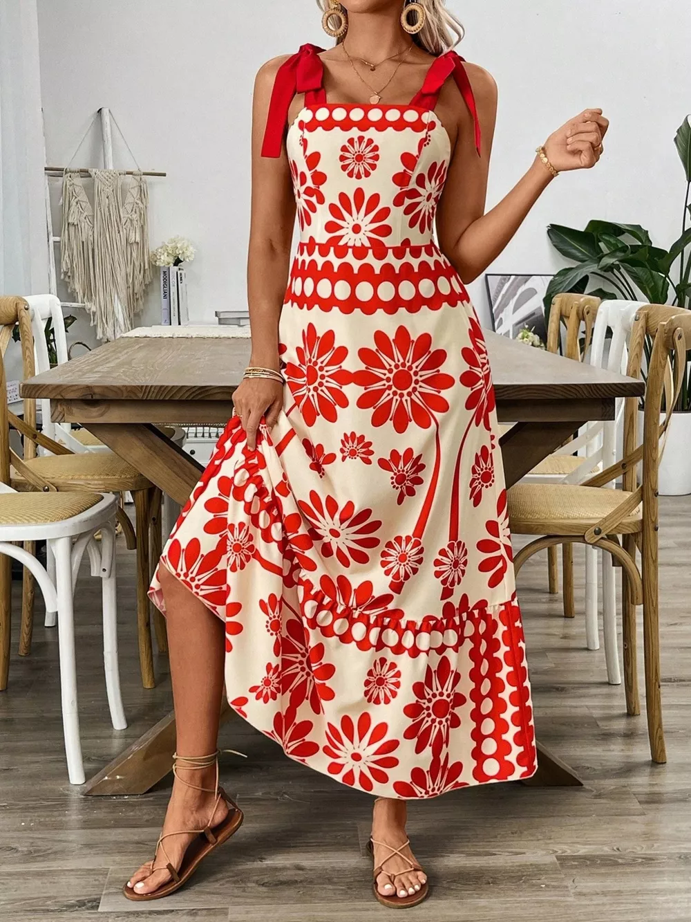 Floral Print Tie-Shoulder Midi Dress, image 4
