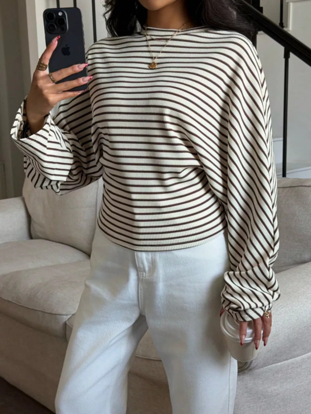 Casual Striped Long Sleeve Batwing T-Shirt, image 7