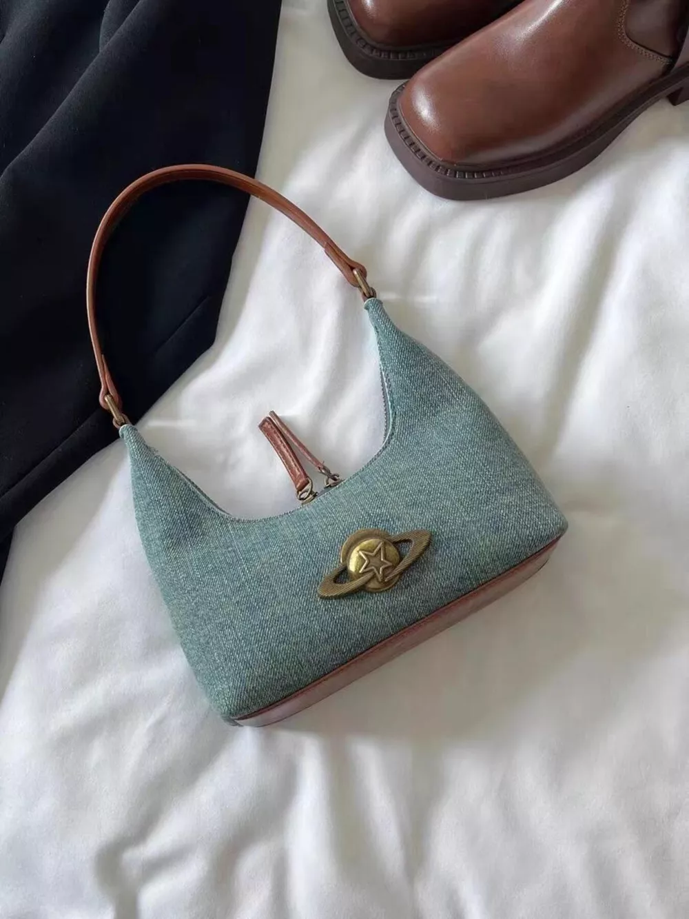 Denim Planet Decor Shoulder Bag, image 2