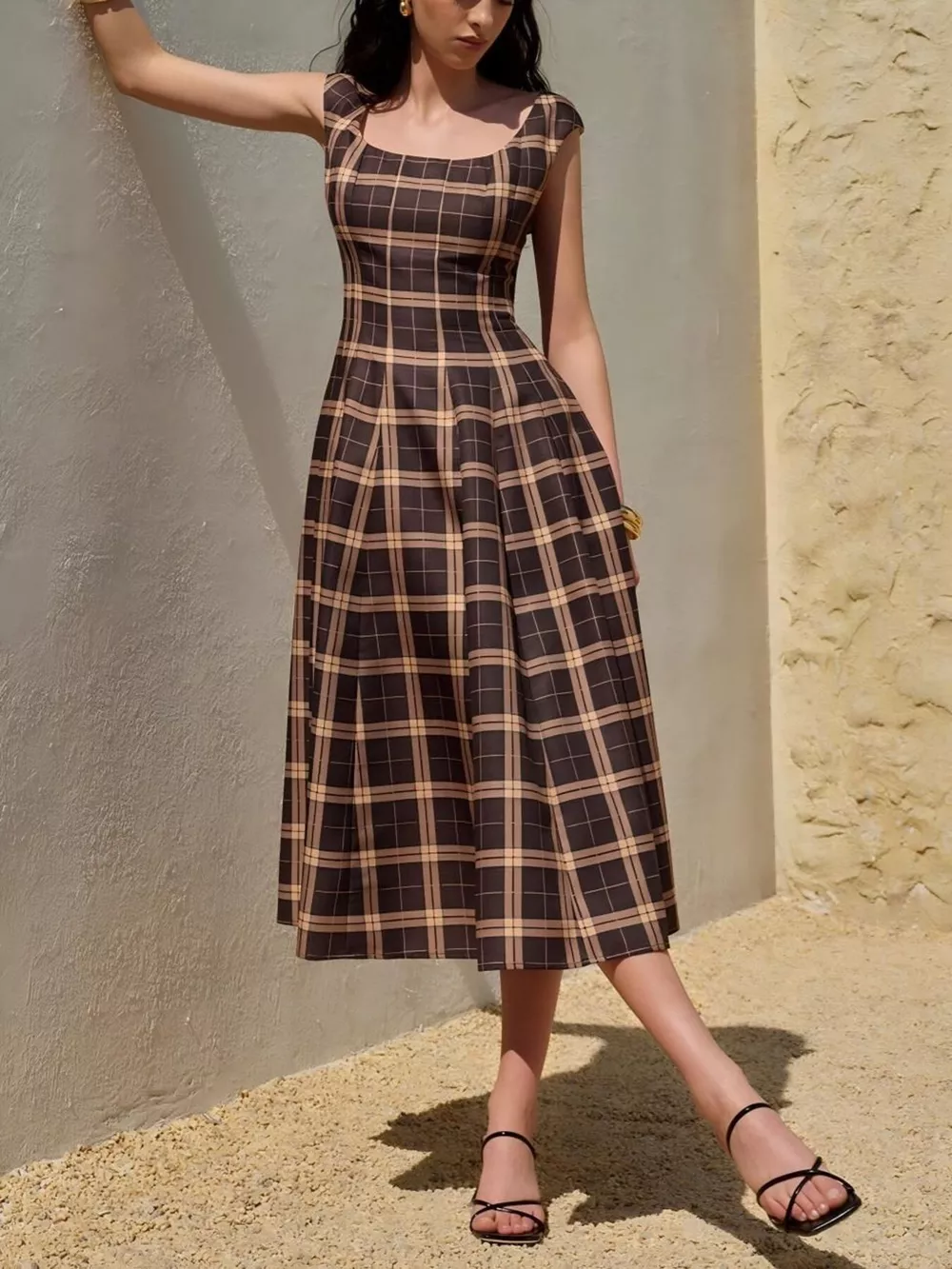 Square Neck Plaid Midi Dress, image 3