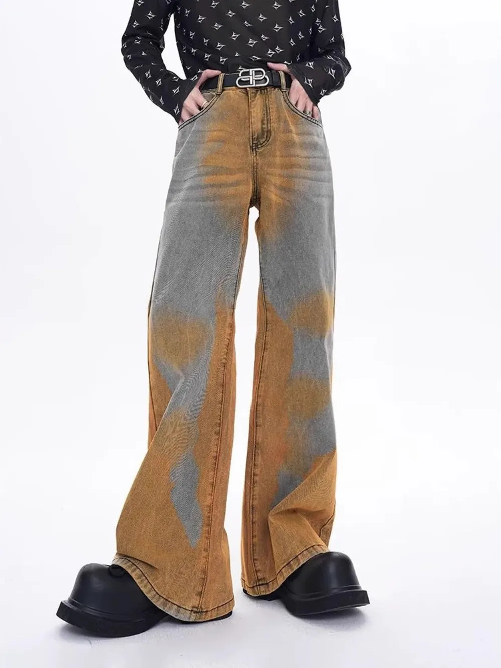 Men's Plus Size Contrast Wide Leg Flare Jeans