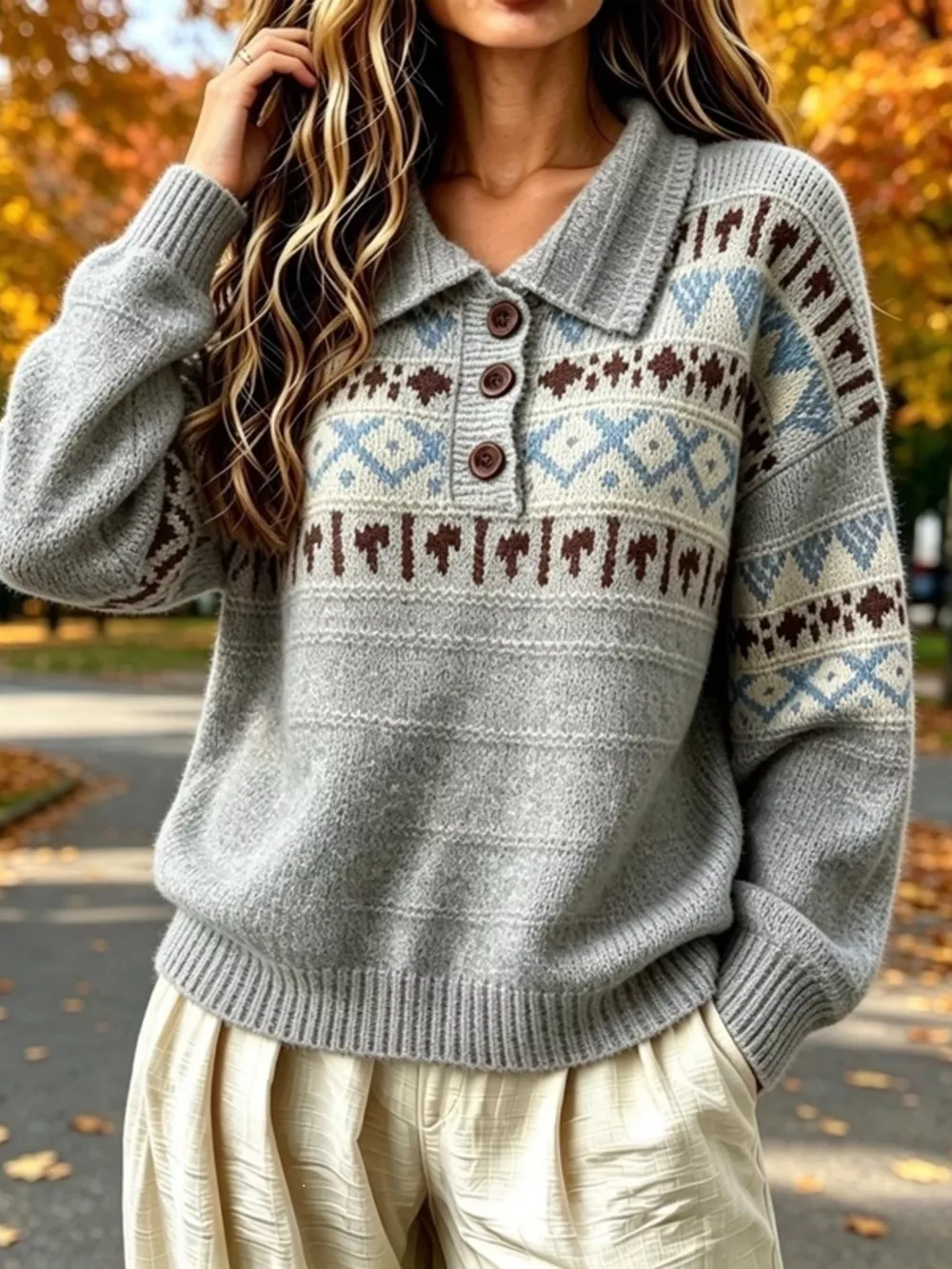 Full Size Vintage Fair Isle Pattern Polo Collar Sweater Plus Size, image 5
