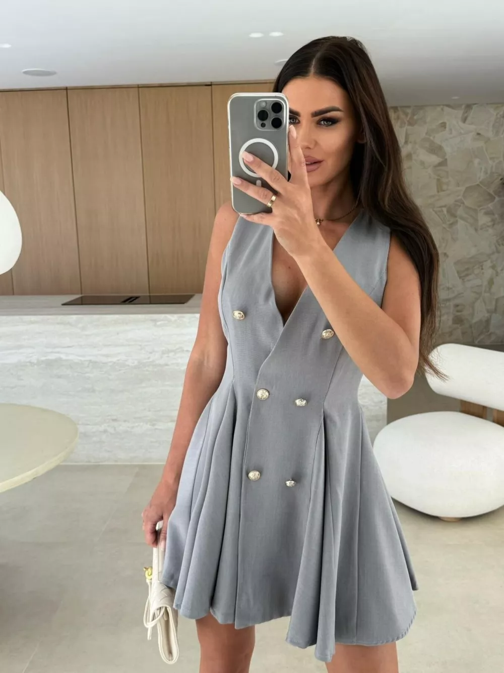 Double-Breasted V-Neck Mini Dress, image 15