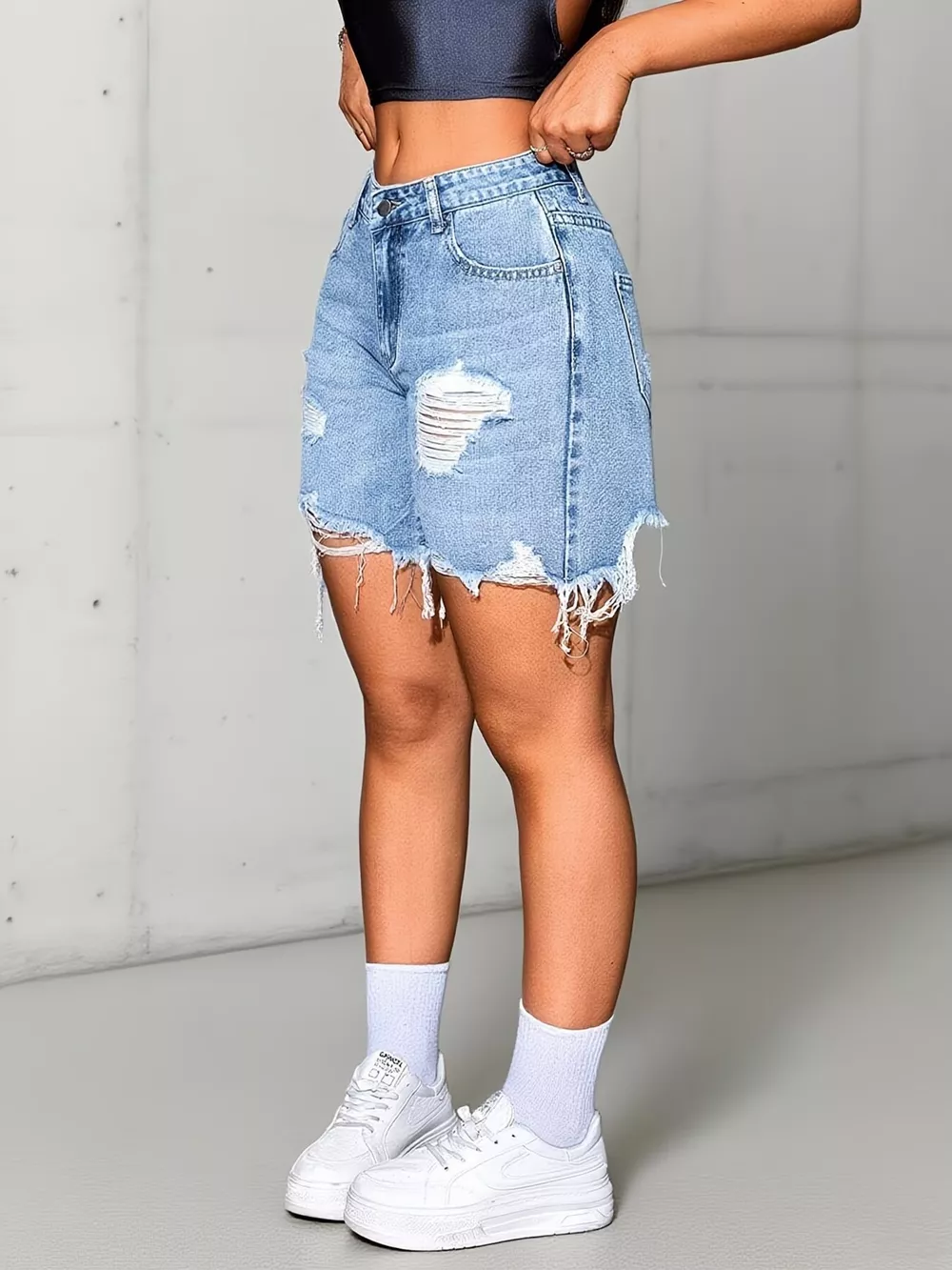 Distressed High Waist Denim Shorts, image 5