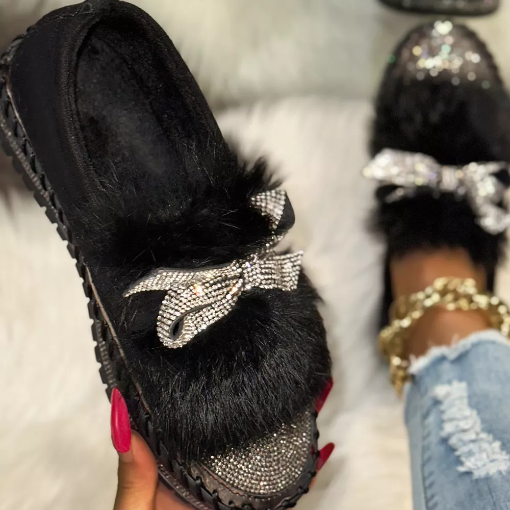 Fuzzy Bowknot Rhinestone Platform Loafers, image 3