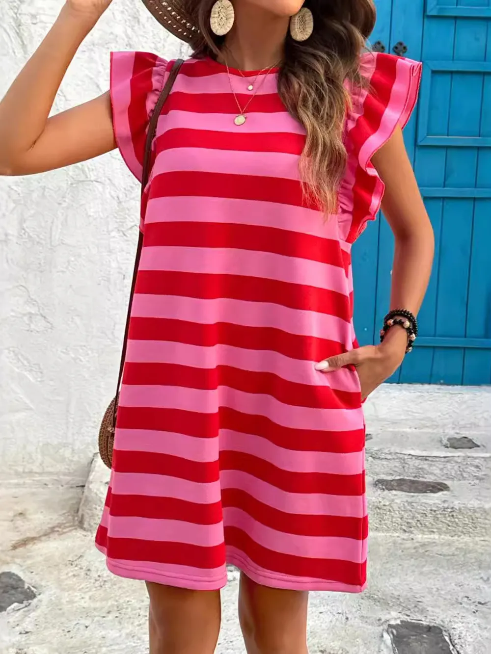 Striped Ruffle Sleeve Casual Summer Dress, image 7
