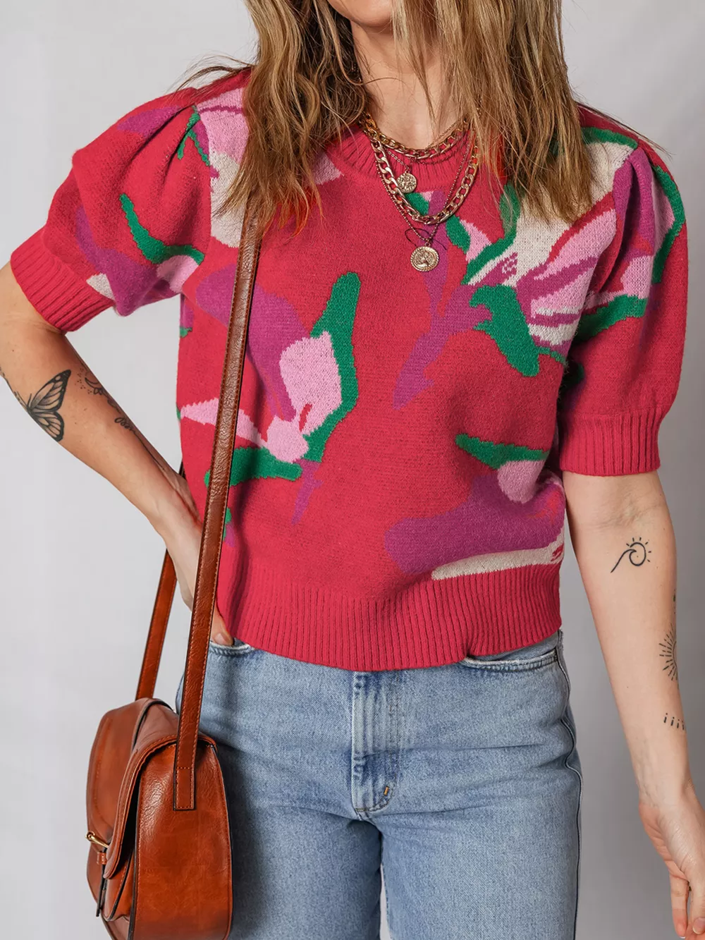 Floral Abstract Print Short Puff Sleeve Sweater, image 6