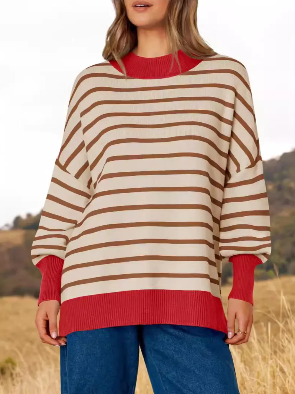 Striped Round Neck Long Sleeve Sweater, image 4