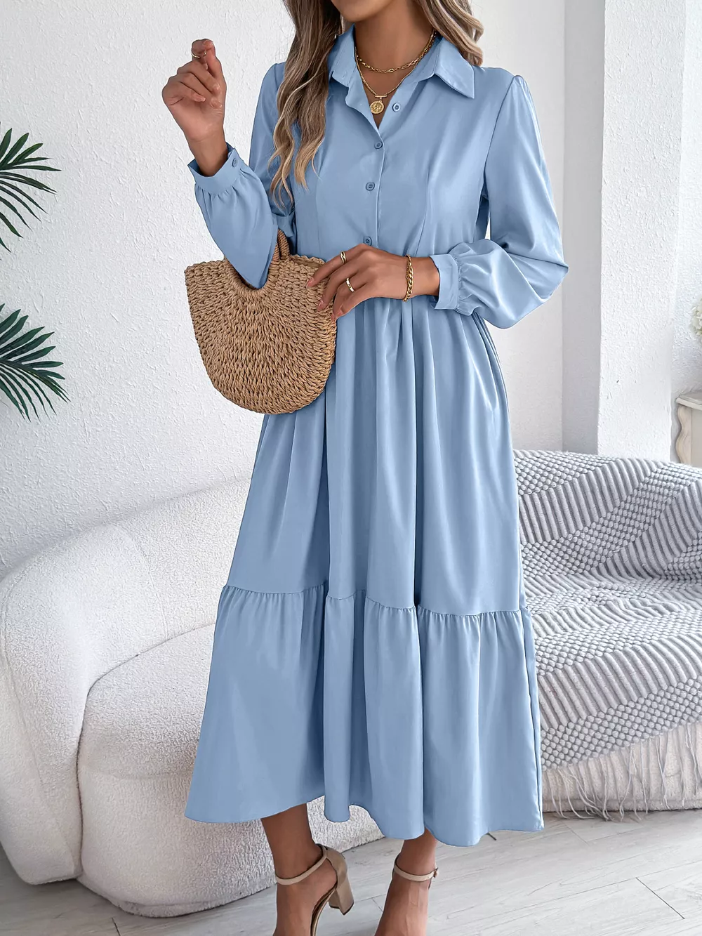 Long Sleeve Tiered Button Front Midi Dress, image 22