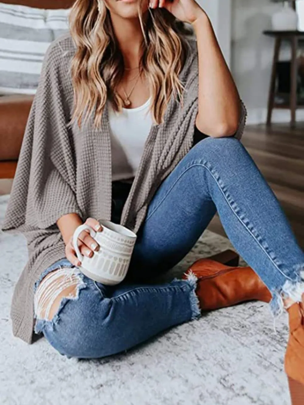Full Size Open Front Waffle Knit Cardigan Plus Size, image 34