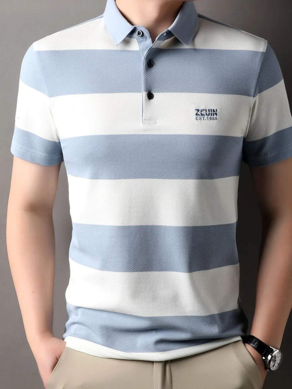 Men's Plus Size Striped Short Sleeve Polo, image 3