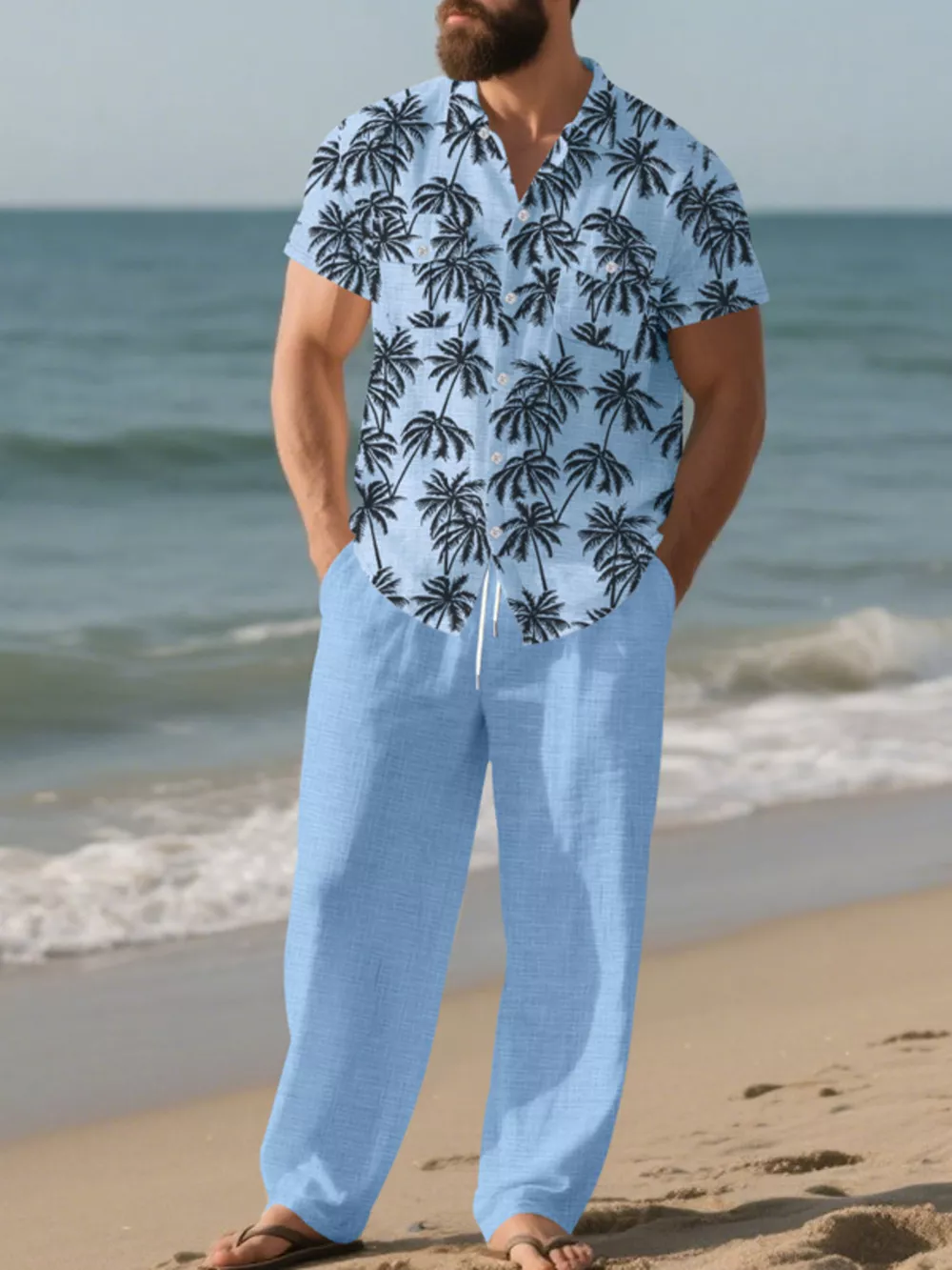 Men's Full Size Tropical Palm Print Button Up Shirt and Pants Set Plus Size, image 5