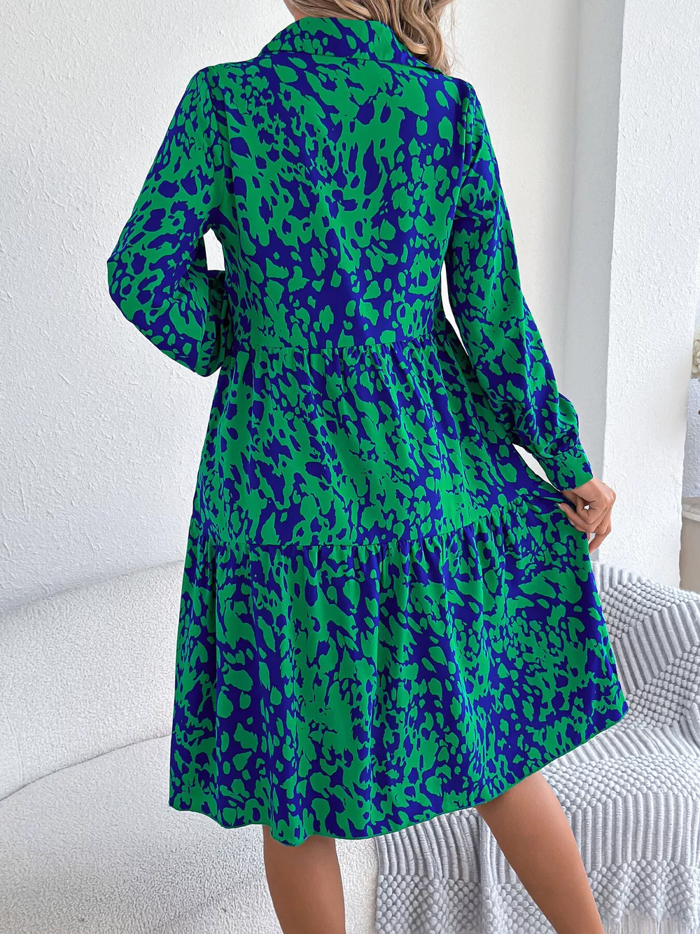 Printed Collared Neck Long Sleeve Dress, image 12