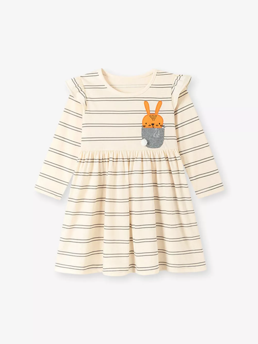 Children's Striped Long-Sleeve Dress with Rabbit Pocket Detail, image 5