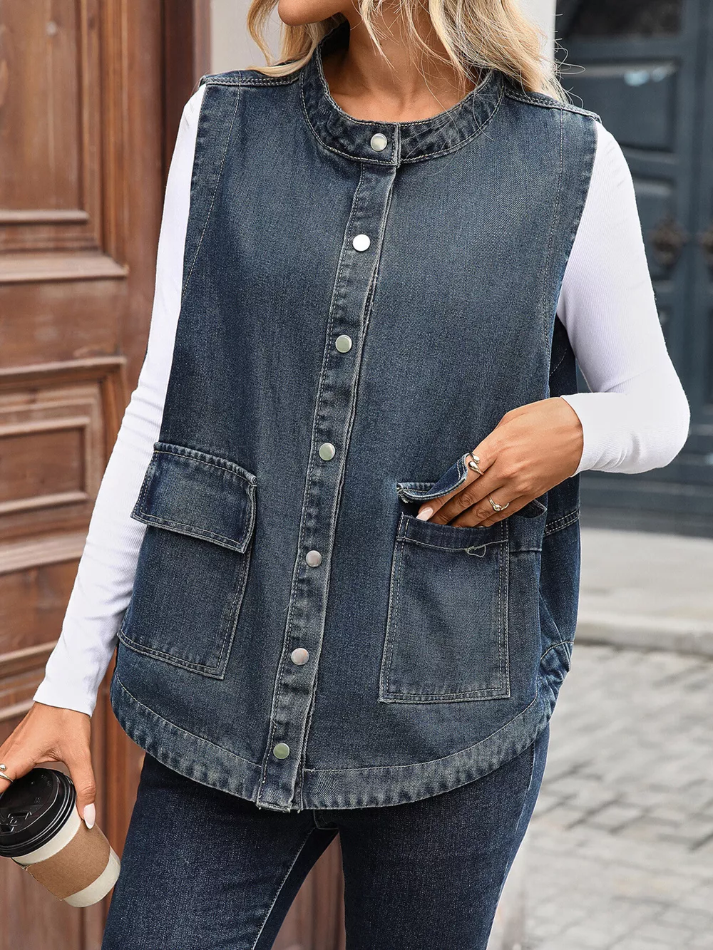 Snap Down Sleeveless Denim Jacket, image 9