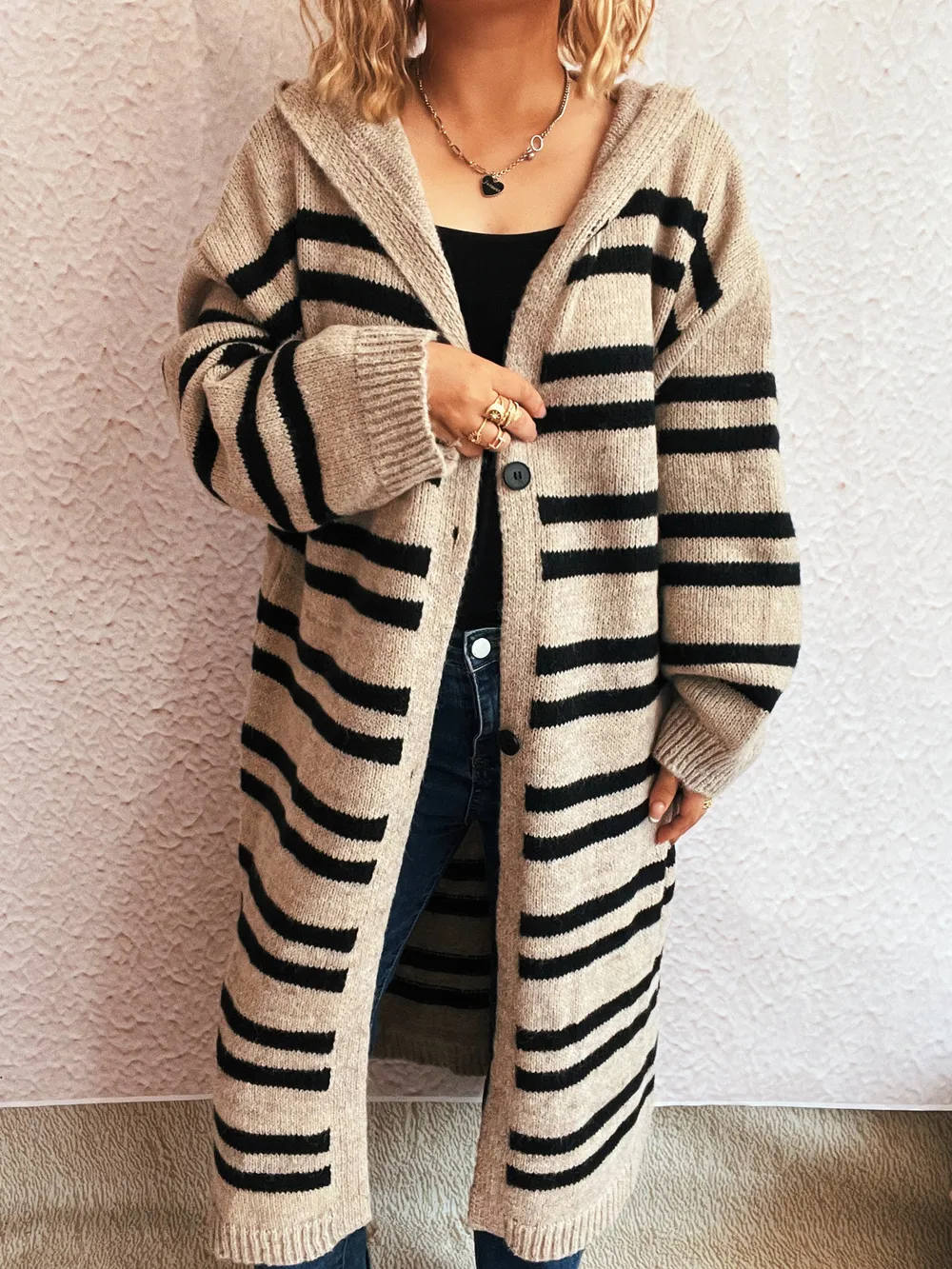 Striped Open Front Hooded Cardigan, image 6