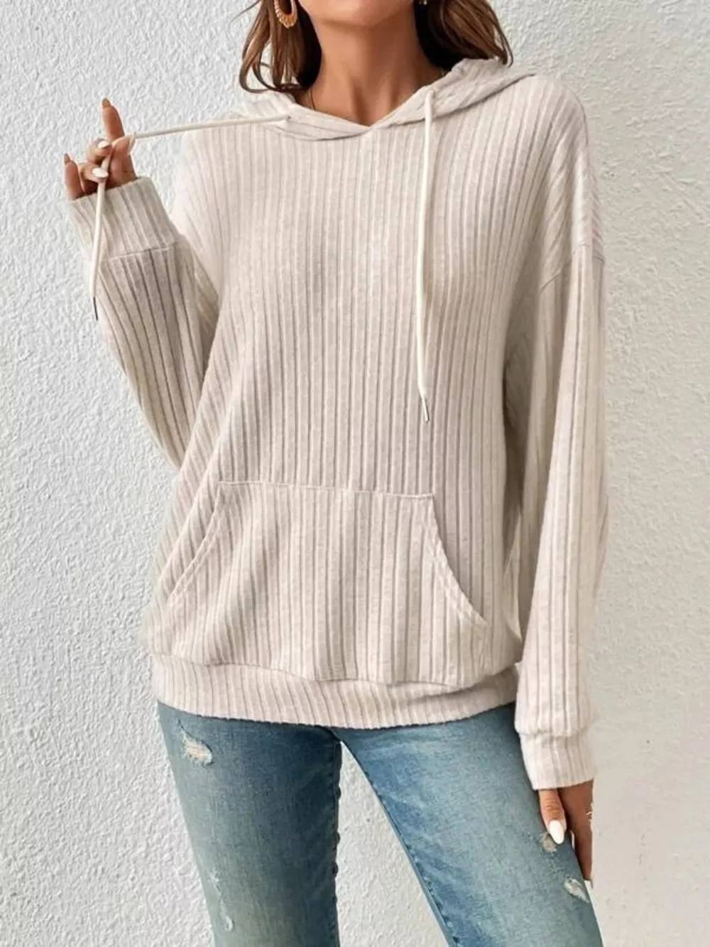 Ribbed Knit Long Sleeve Drawstring Hoodie