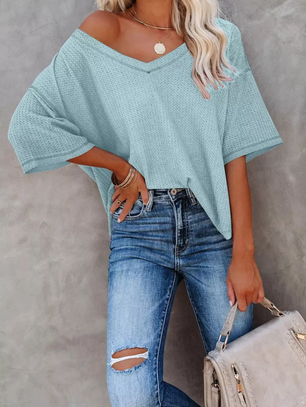 Waffle Knit V-Neck Short Sleeve T-Shirt, image 19