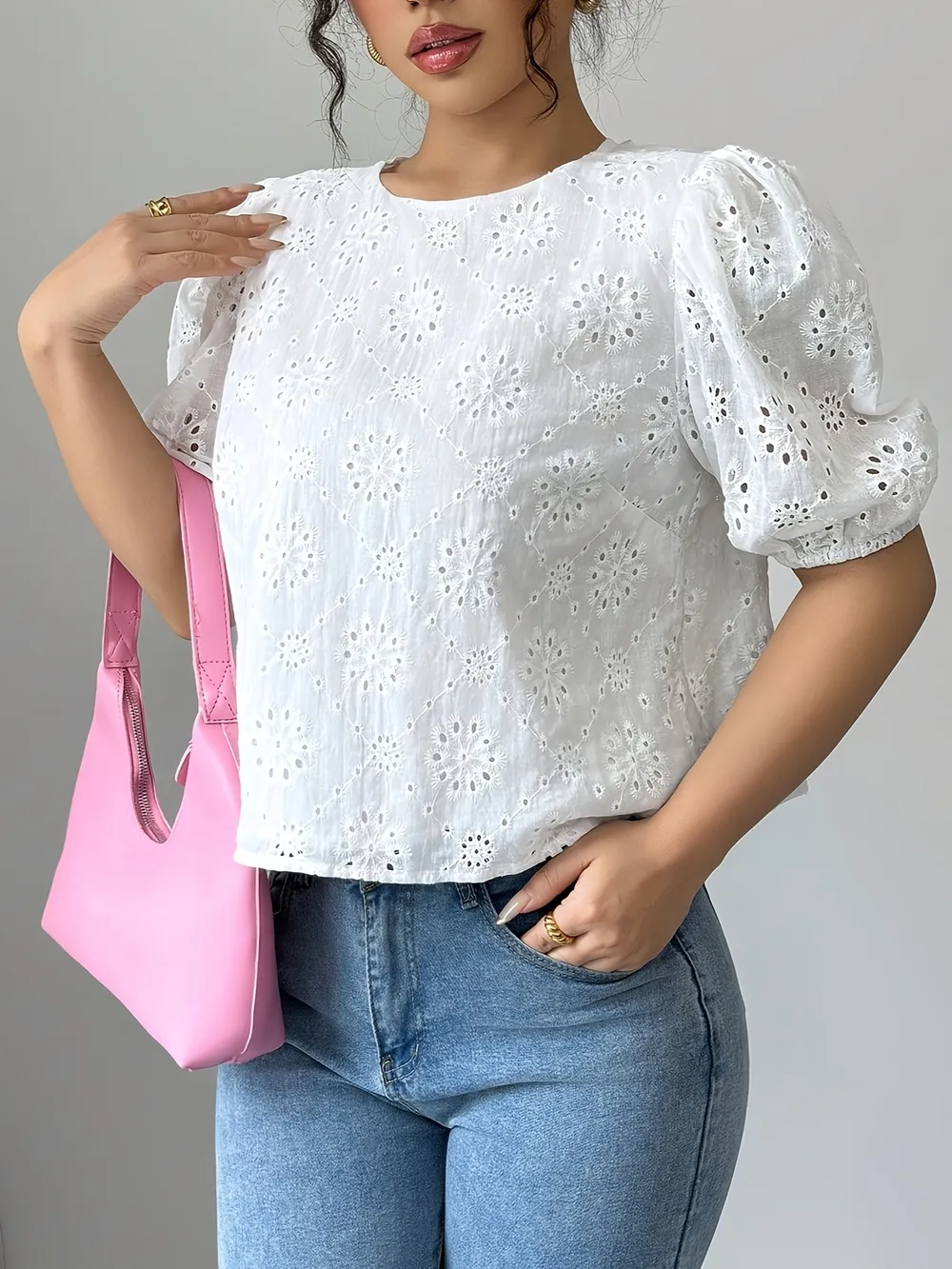Eyelet Embroidered Puff Sleeve Tie-Back Blouse, image 4