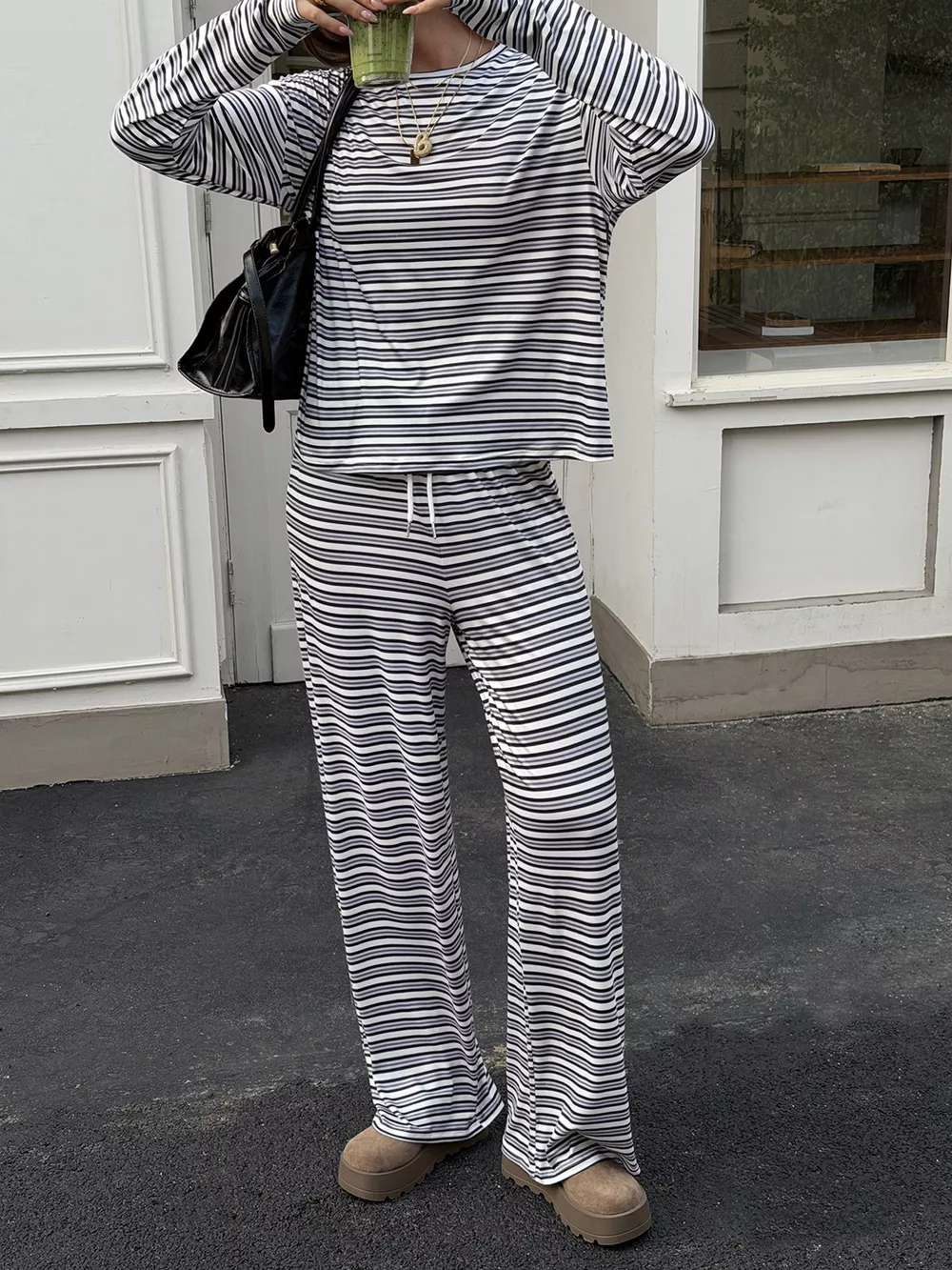 Striped Casual Long Sleeve Top and Wide Leg Pants Set, image 3