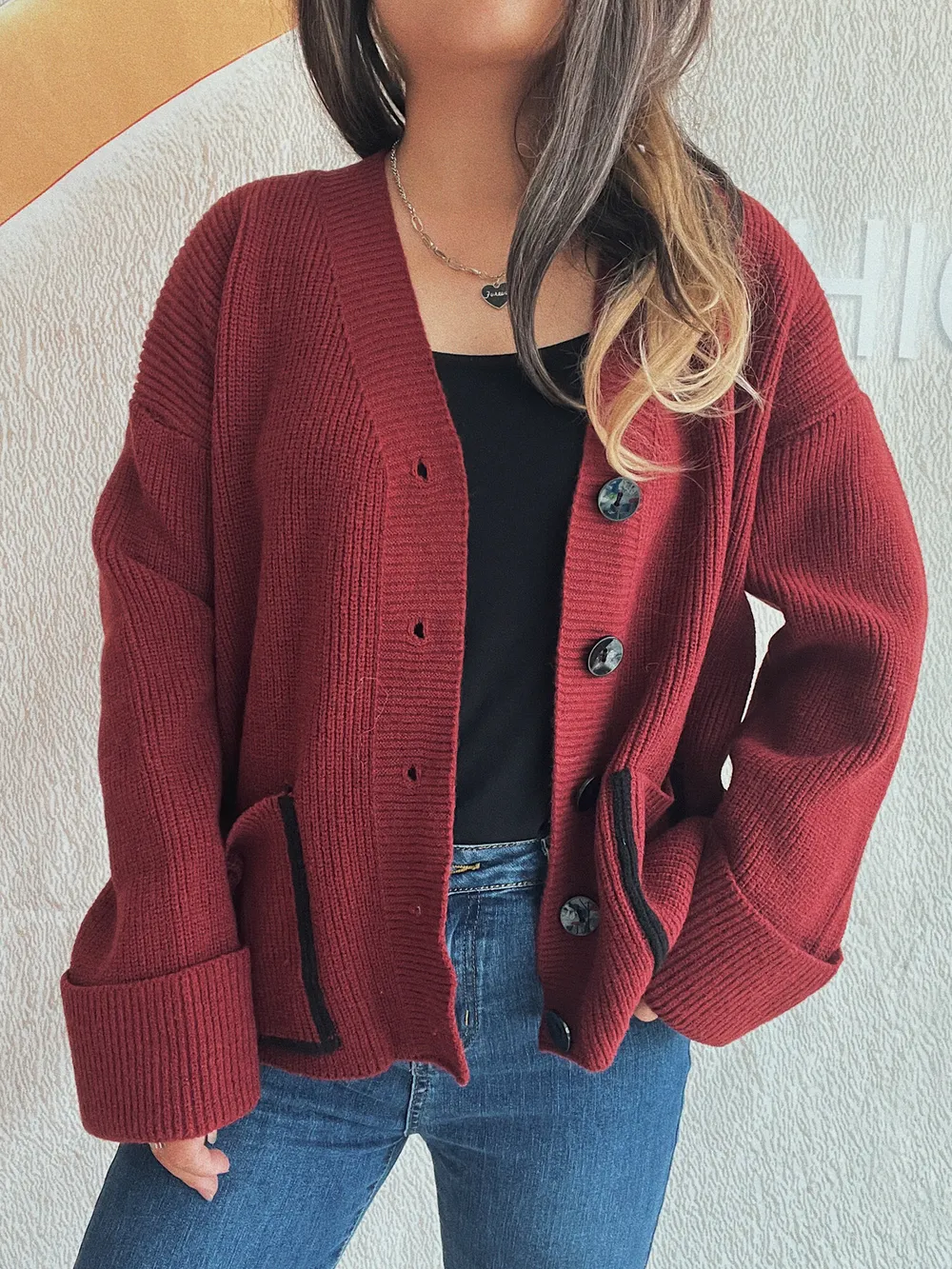 Button-Front Ribbed Cardigan with V-Neck, image 11