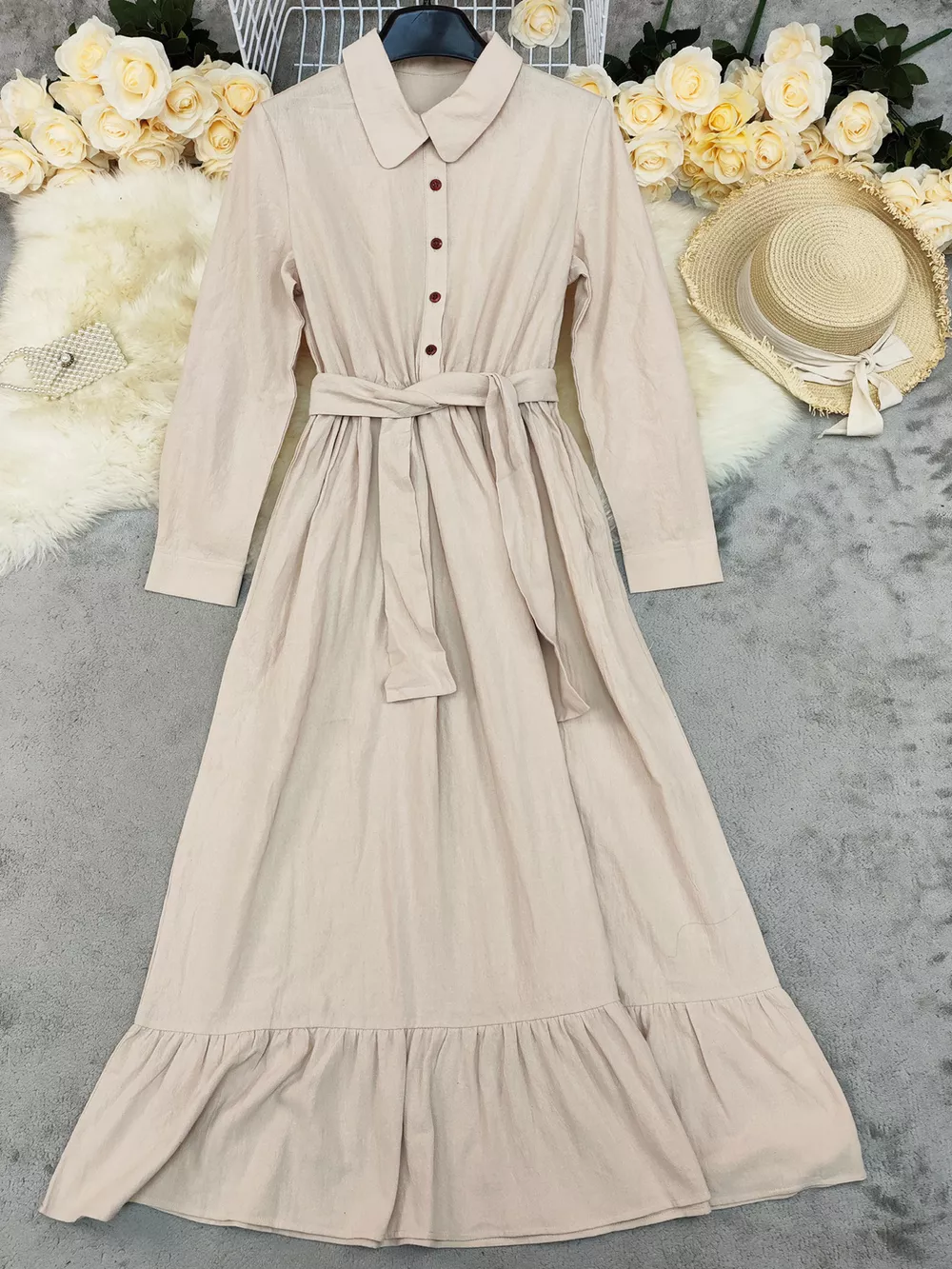 Tie Waist Long Sleeve Ruffled Hem Dress, image 2