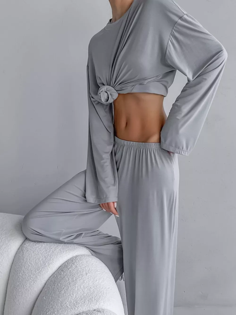 Solid Color Long Sleeve Top and Pants Set, image 2