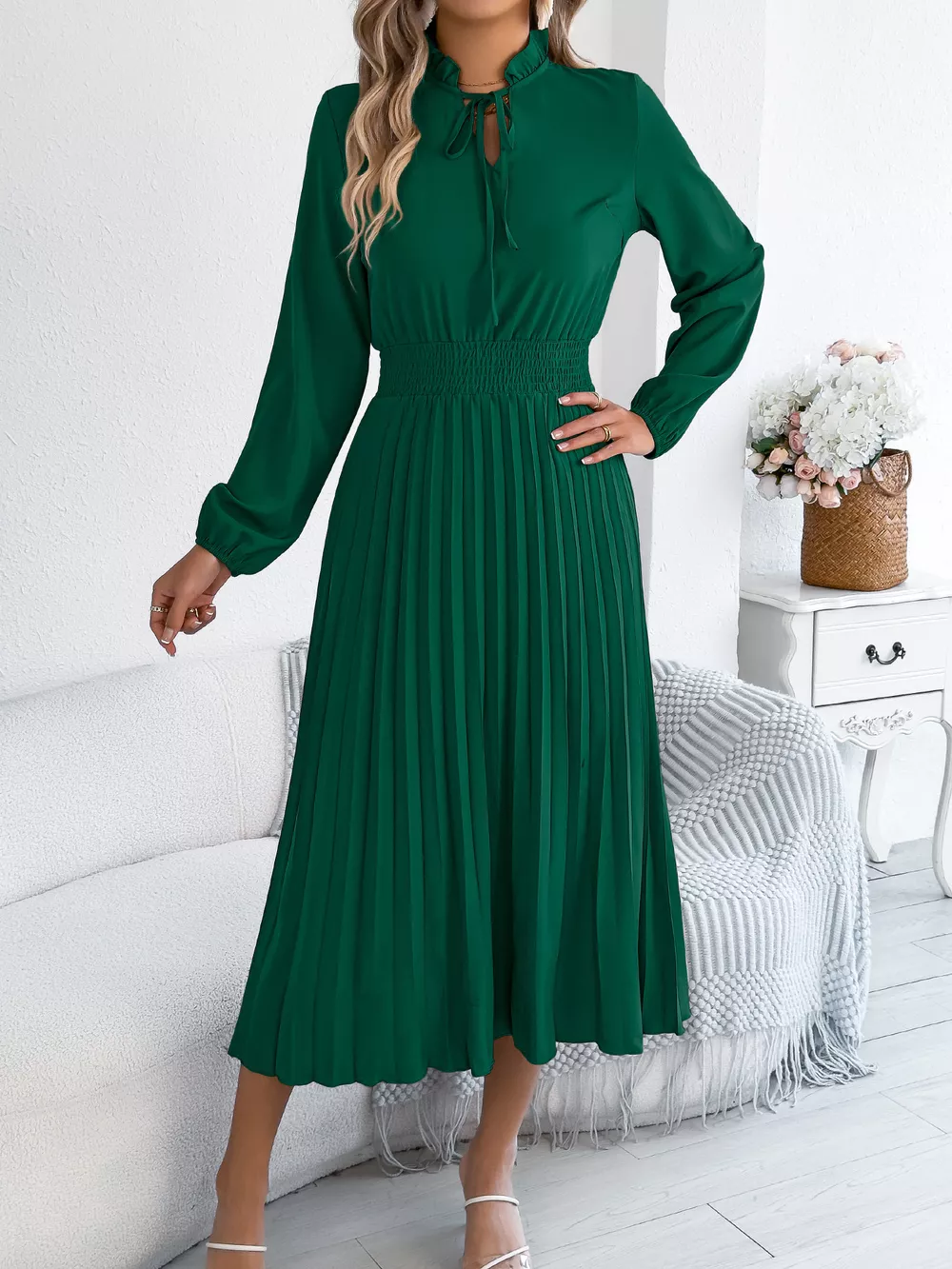 Smocked Pleated Tie Neck Dress, image 3