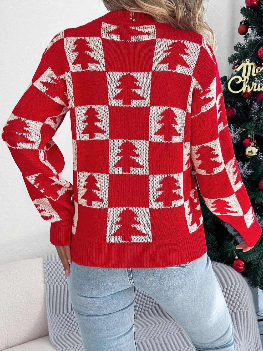 Christmas Tree Checkerboard Pattern Sweater, image 8