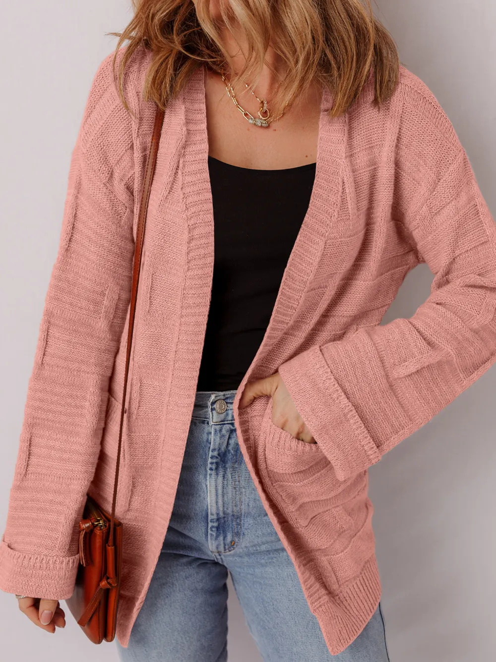 Textured Knit Open Front Cardigan with Pockets, image 19