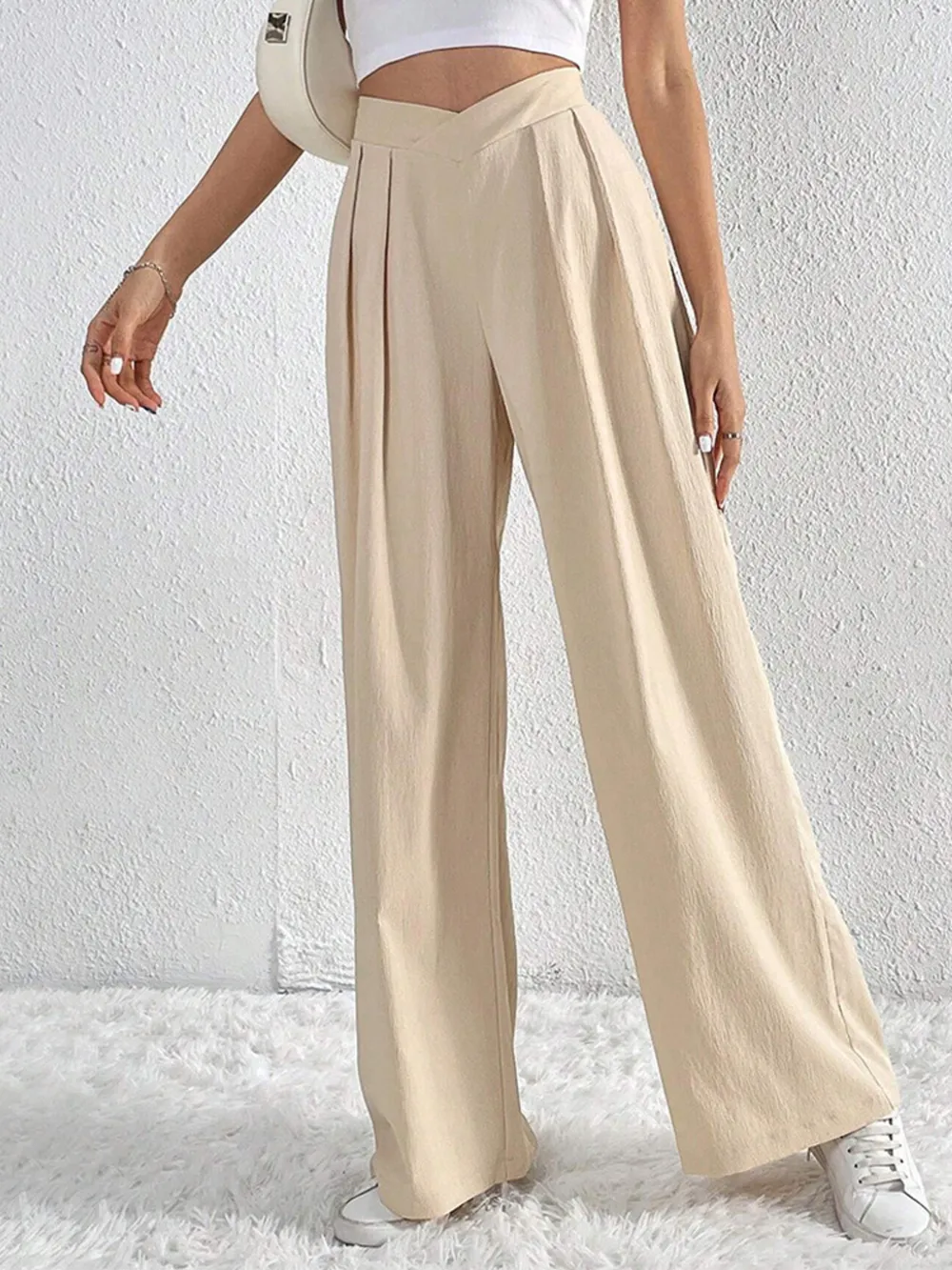 V-Waisted Ruched Front Wide Leg Pants, image 7