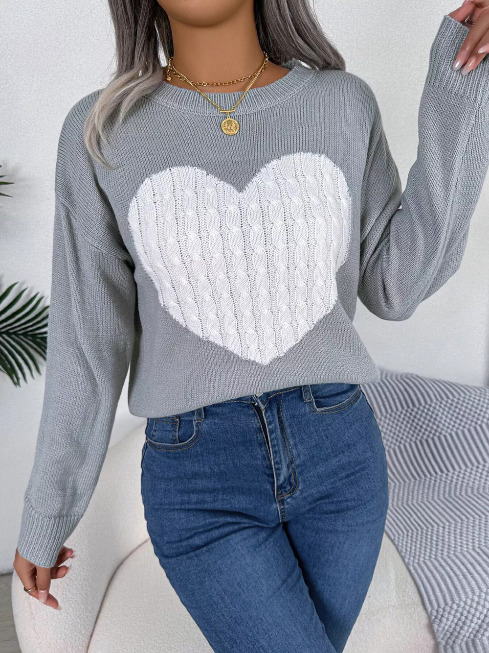 Cable Knit Heart Round Neck Sweater, image 4