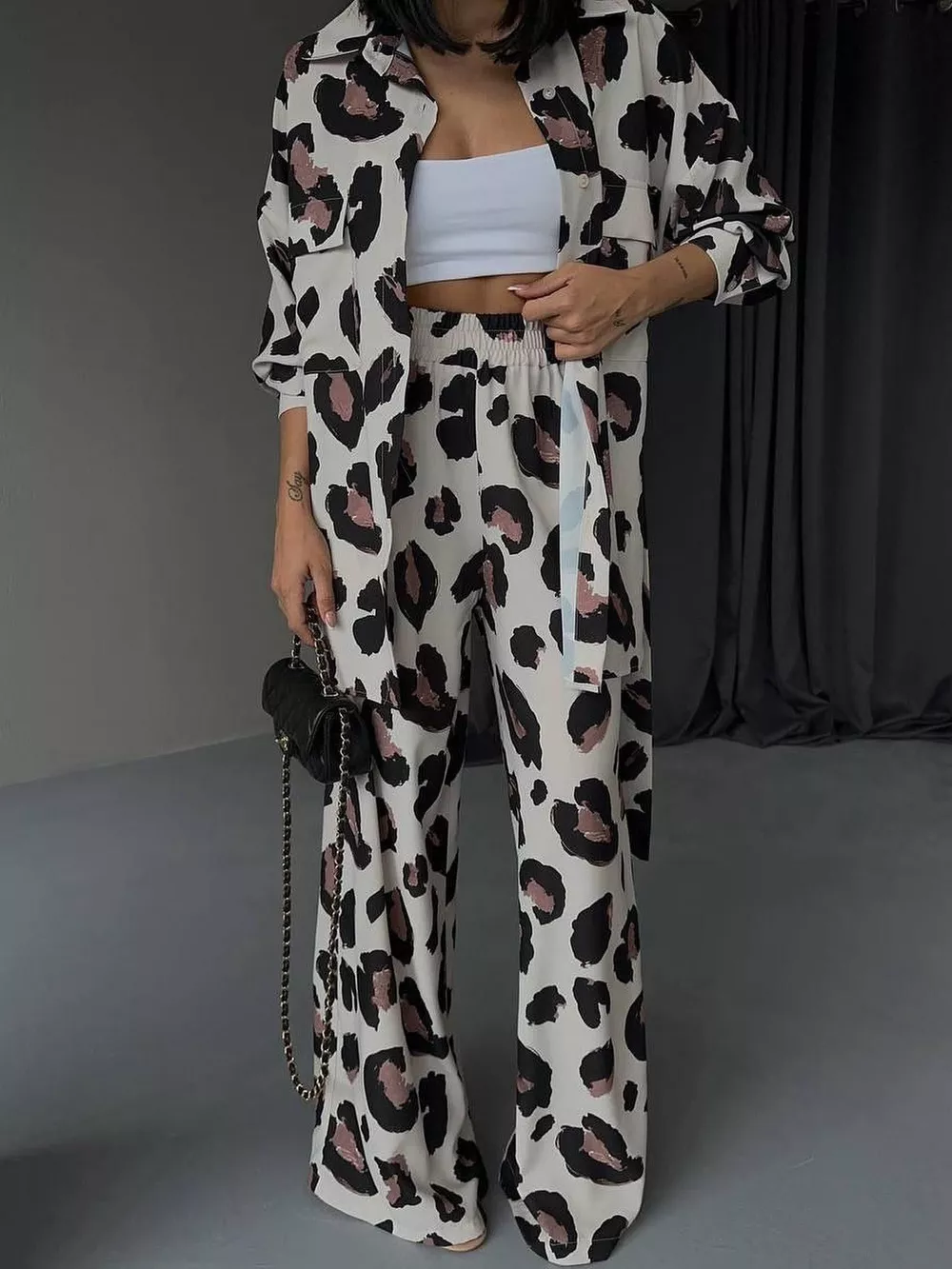 Leopard Print Relaxed Fit Shirt and Pants Two-Piece Set, image 4