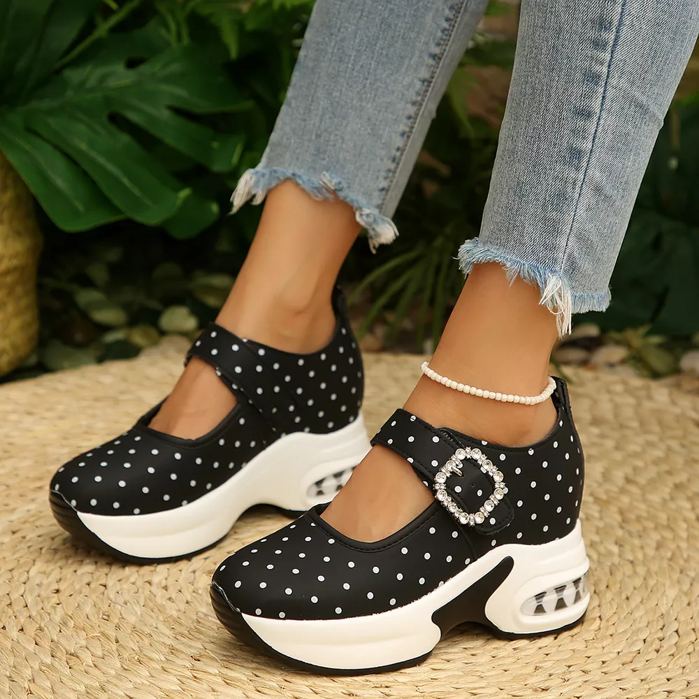 Polka Dot Rhinestone Buckle Platform Loafers