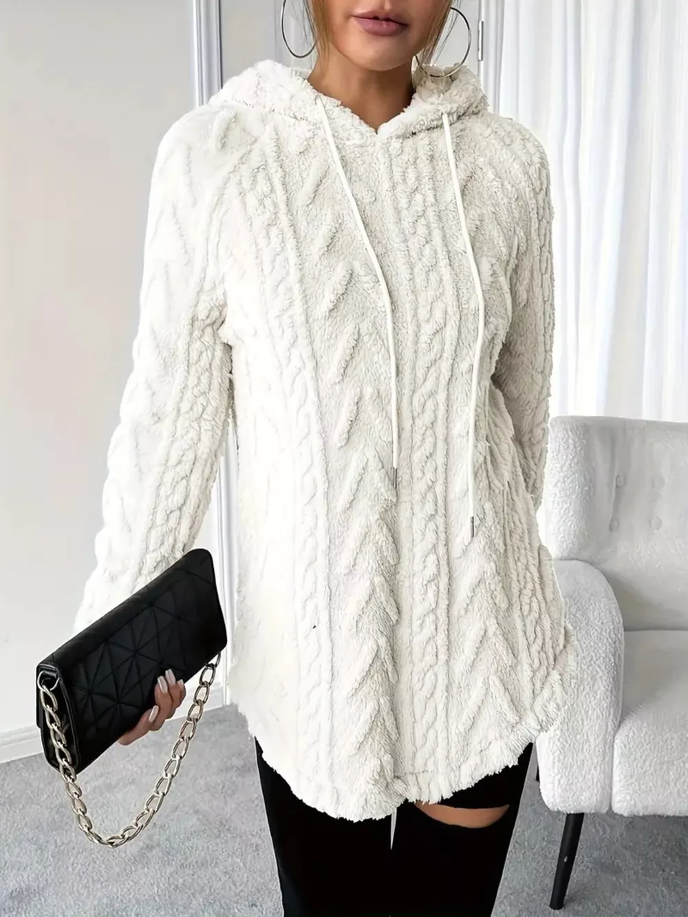 Cozy Textured Drawstring Fleece Hoodie, image 10