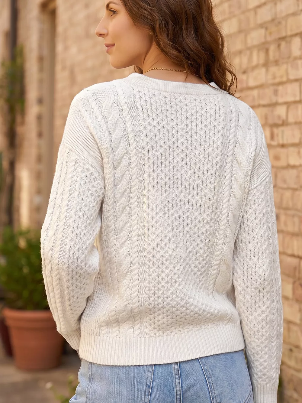 Solid Color Cable Detail Knit Loose Round Neck Sweater, image 7