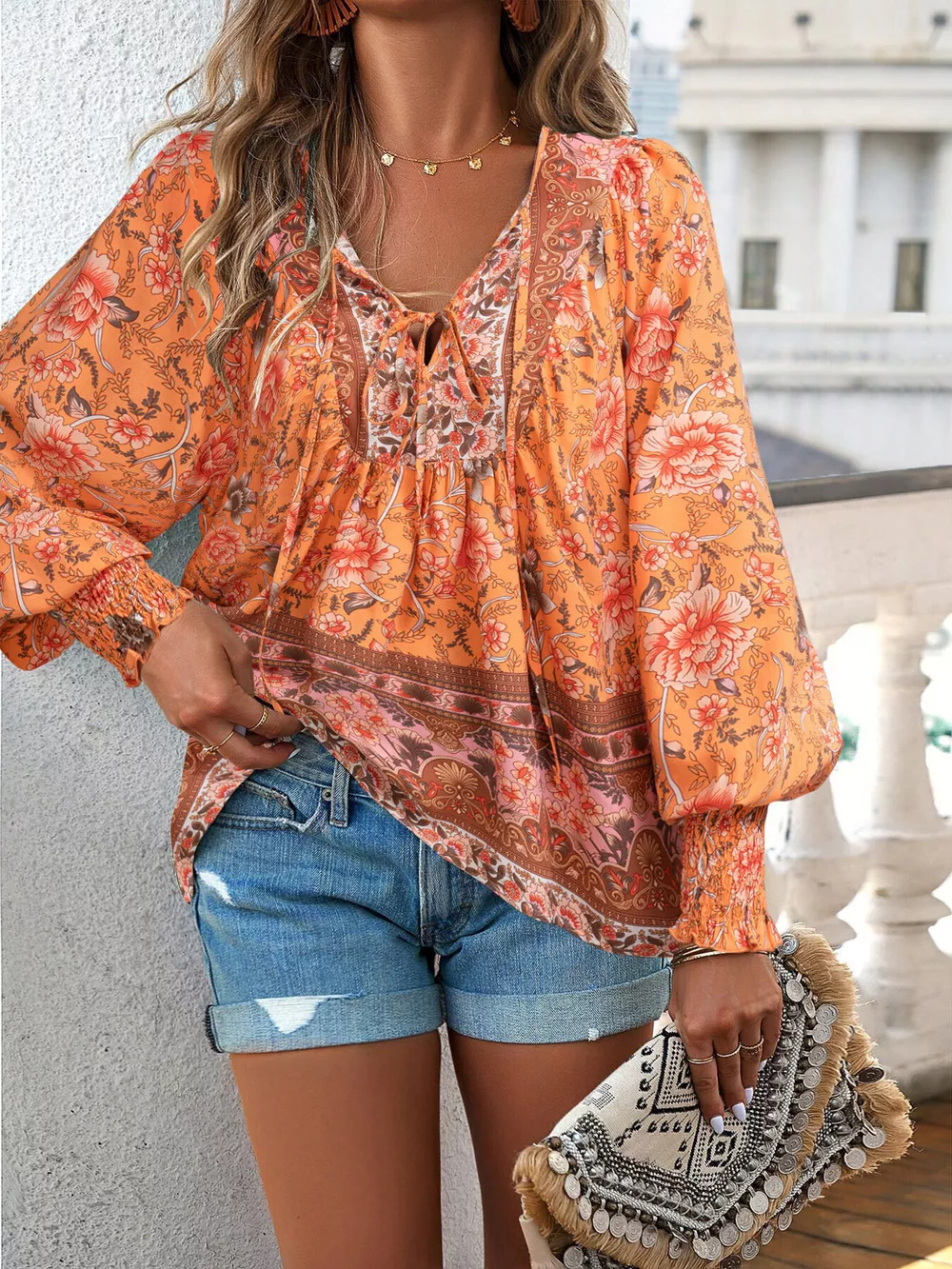 Floral Print Tie-Neck Blouse with Smocked Cuffs, image 14