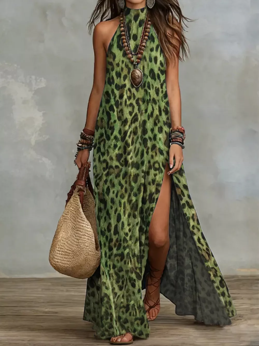 Leopard Print Sleeveless Maxi Dress with Side Slit, image 3
